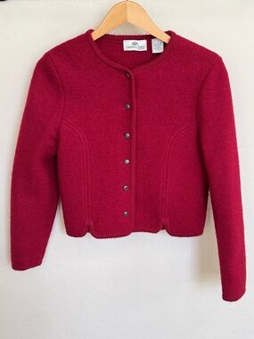 Vintage Carroll Reed Boiled Wool Jacket Cardigan Red Austrian Style Size 12 EUC